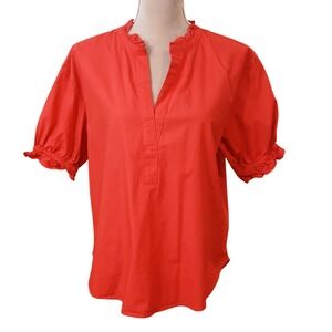 TALBOTS Petite Red Ruffled Collar Short Sleeve V Neck Blouse Shirt MP